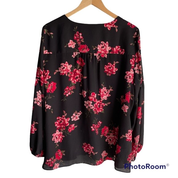Lane Bryant Black Floral Peasant Button Up Top Ladies Career Blouse, 16 - Picture 2 of 7